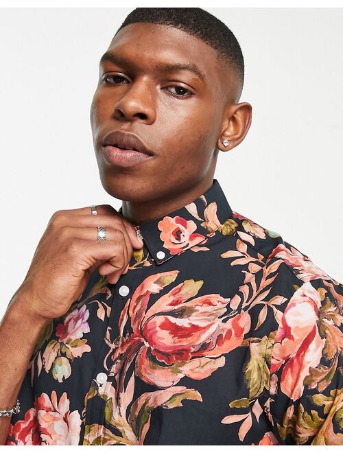 ASOS DESIGN stretch slim shirt in black and red floral print