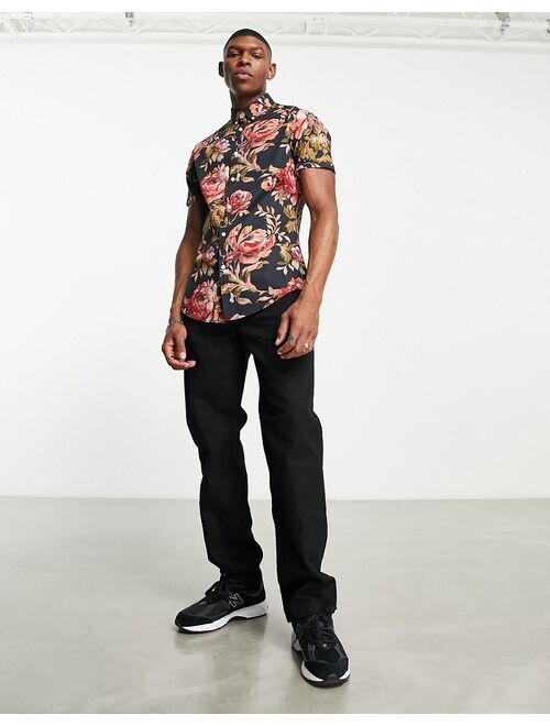 ASOS DESIGN stretch slim shirt in black and red floral print