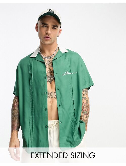 ASOS DESIGN relaxed camp collar bowling shirt in green with chest embroidery