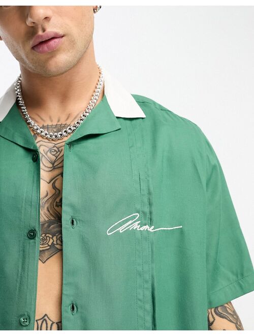 ASOS DESIGN relaxed camp collar bowling shirt in green with chest embroidery