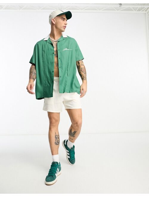 ASOS DESIGN relaxed camp collar bowling shirt in green with chest embroidery