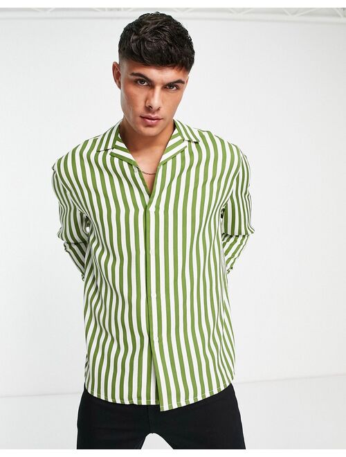 ASOS DESIGN relaxed deep camp collar shirt in olive green stripe