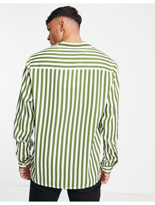 ASOS DESIGN relaxed deep camp collar shirt in olive green stripe