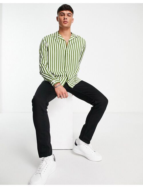 ASOS DESIGN relaxed deep camp collar shirt in olive green stripe