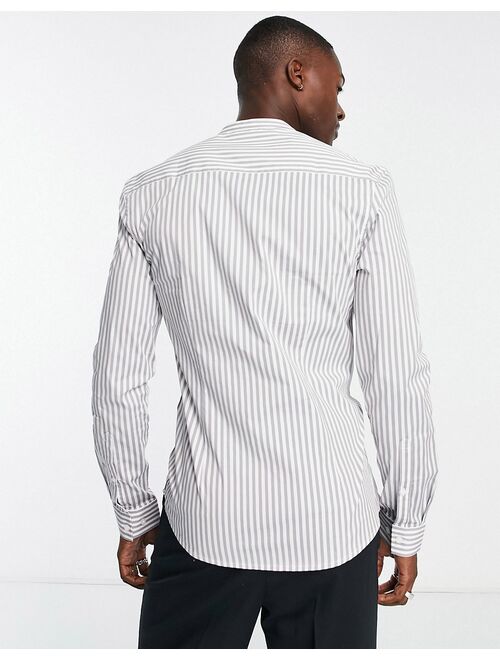 ASOS DESIGN skinny fit stripe shirt with grandad collar in gray