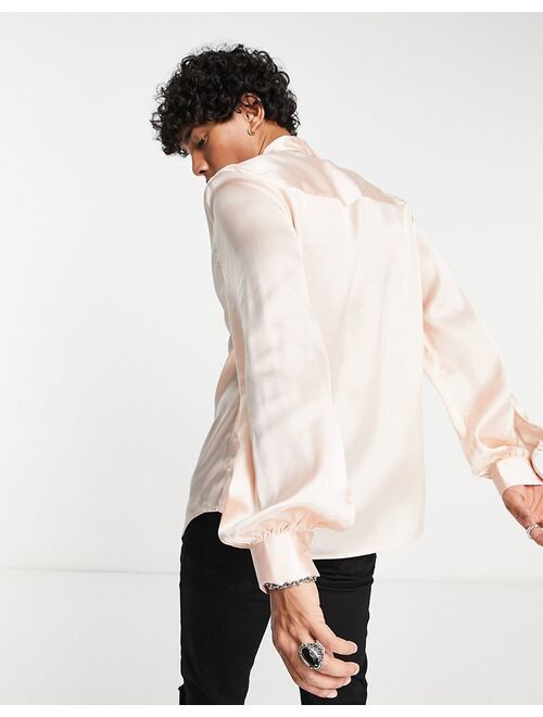 ASOS DESIGN satin shirt with blouson sleeve and tie neck in pink