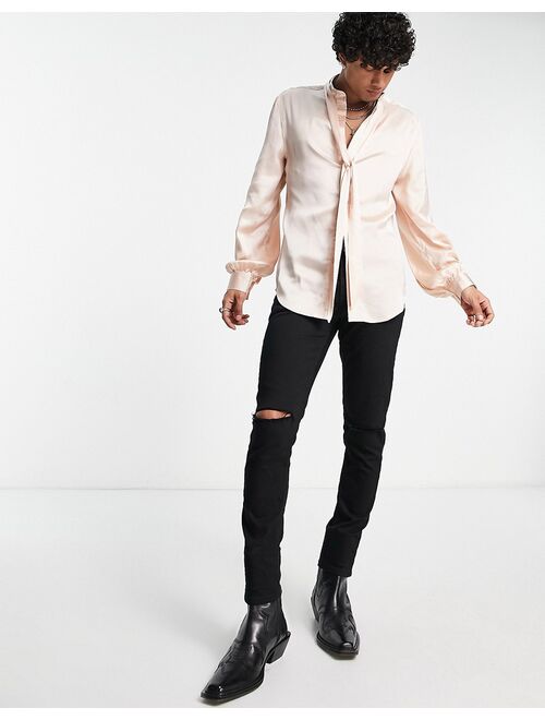 ASOS DESIGN satin shirt with blouson sleeve and tie neck in pink