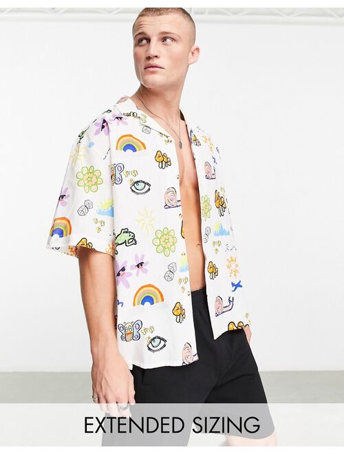 ASOS DESIGN boxy oversized revere linen mix shirt in doodle print