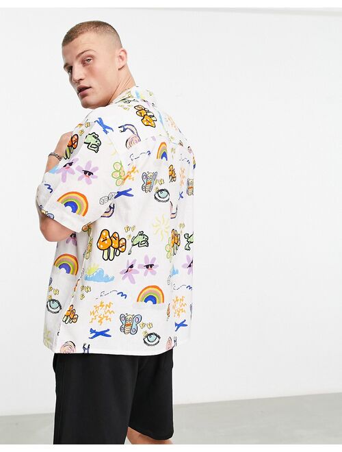 ASOS DESIGN boxy oversized revere linen mix shirt in doodle print