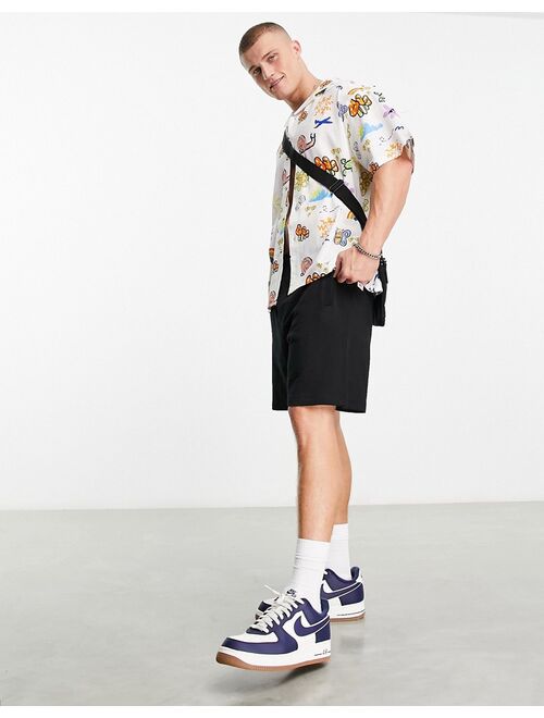 ASOS DESIGN boxy oversized revere linen mix shirt in doodle print