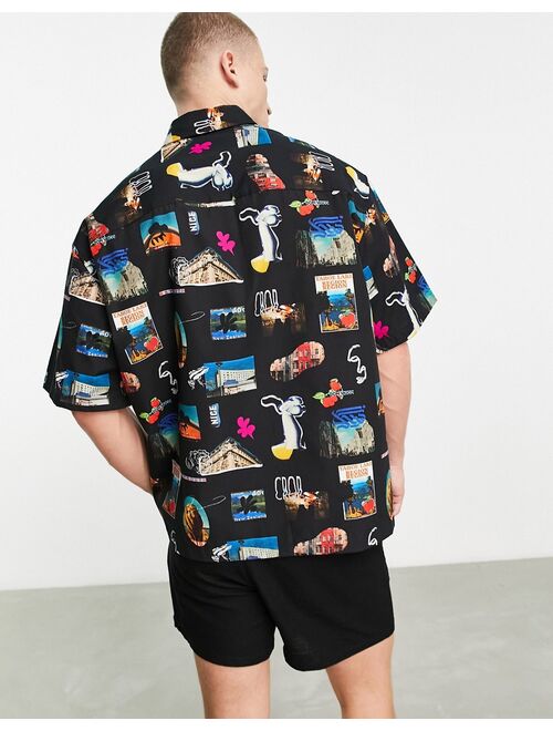 ASOS DESIGN boxy oversized shirt in black photographic print