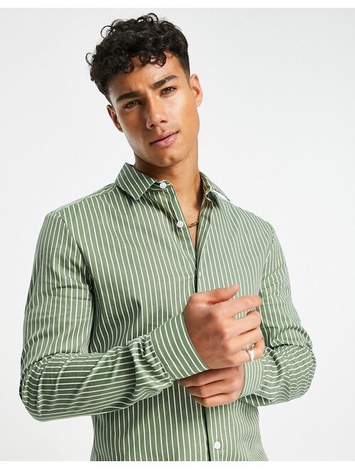 ASOS DESIGN skinny stripe shirt in dark green