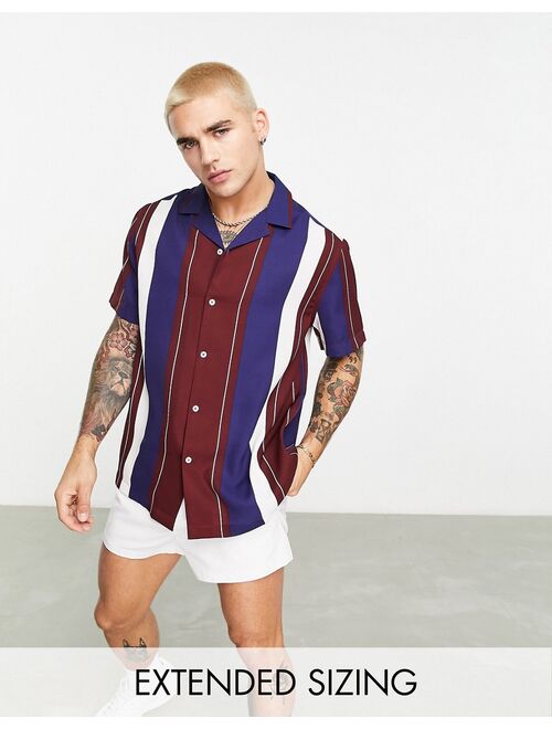 ASOS DESIGN relaxed revere shirt in burgundy and navy stripe