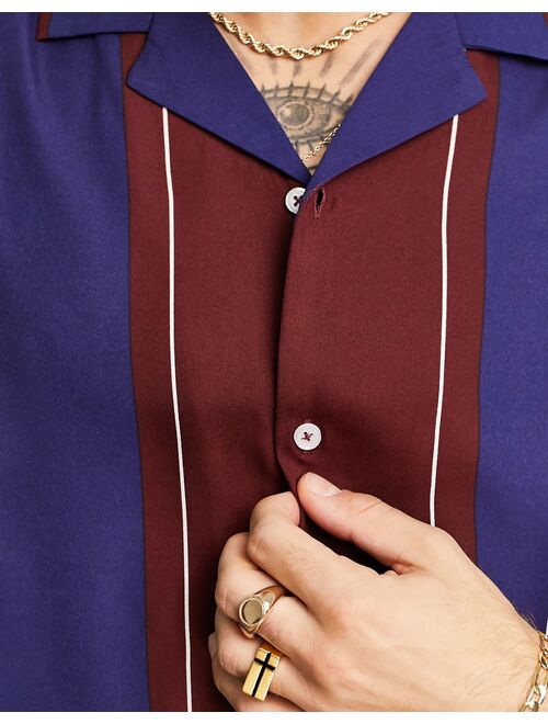 ASOS DESIGN relaxed revere shirt in burgundy and navy stripe