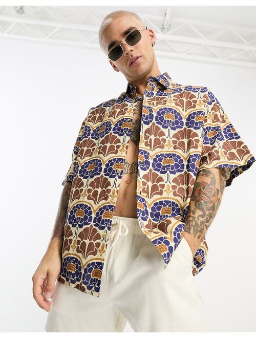 ASOS DESIGN boxy oversized linen mix shirt in brown 70s floral