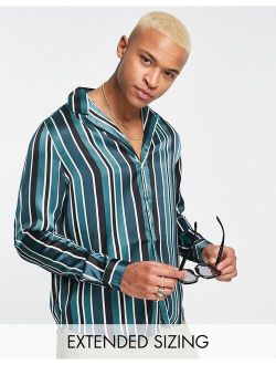relaxed deep camp collar satin shirt in blue and gray stripe
