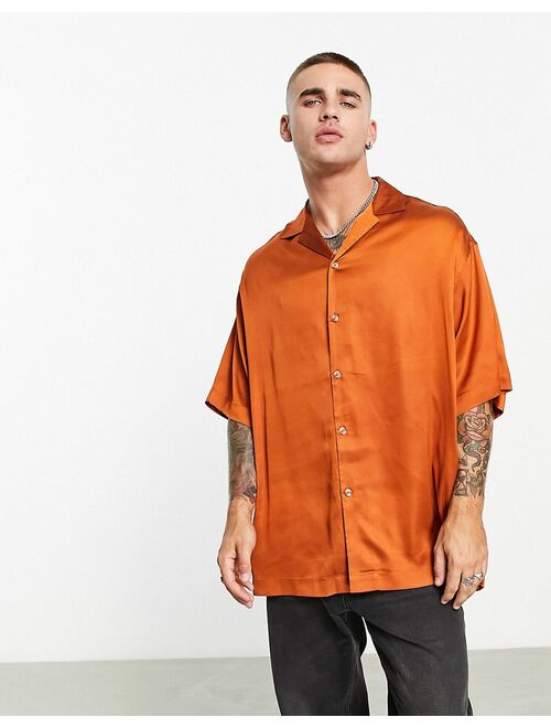 ASOS DESIGN satin bowling shirt in rust