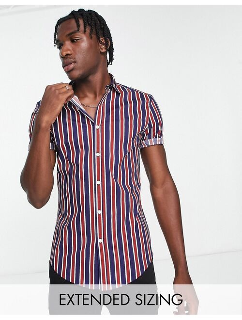 ASOS DESIGN stretch skinny shirt in navy and burgundy stripe