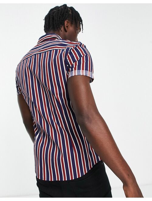 ASOS DESIGN stretch skinny shirt in navy and burgundy stripe