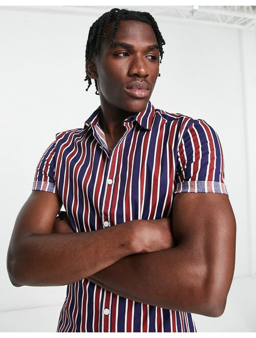 ASOS DESIGN stretch skinny shirt in navy and burgundy stripe