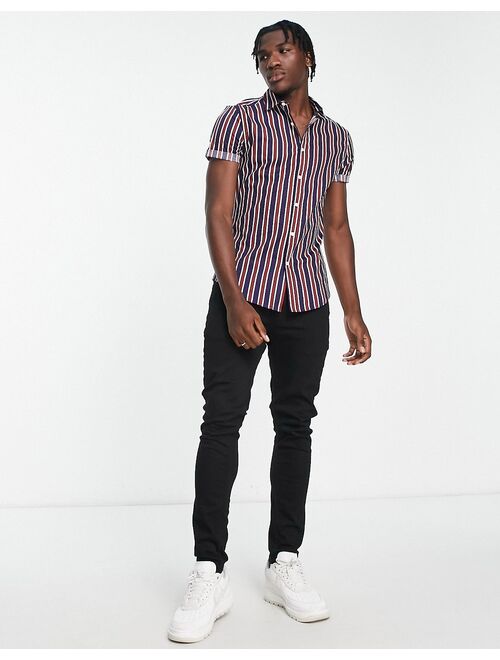 ASOS DESIGN stretch skinny shirt in navy and burgundy stripe