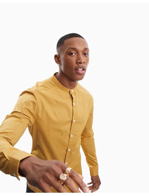 ASOS DESIGN skinny fit shirt with grandad collar in mustard