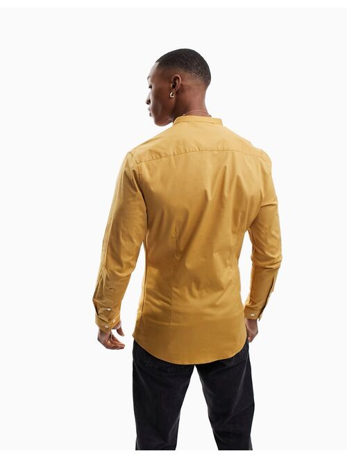 ASOS DESIGN skinny fit shirt with grandad collar in mustard