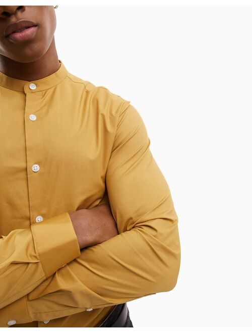 ASOS DESIGN skinny fit shirt with grandad collar in mustard