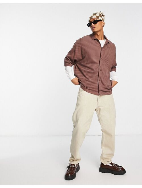 ASOS DESIGN oversized rib jersey shirt with half sleeve in brown