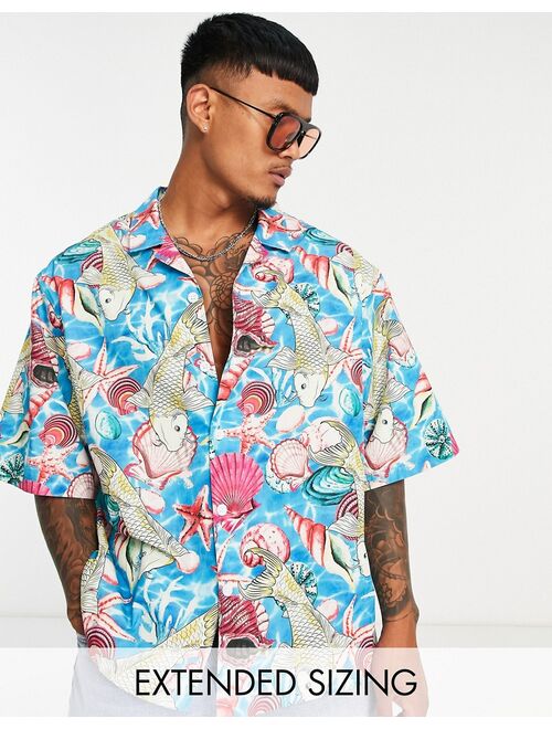 ASOS DESIGN dropped shoulder oversized camp collar shirt in shell print