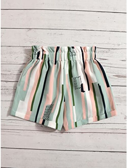 OYOANGLE Girl's Geo Print Paperbag Waist Belted Crop Wide Leg Shorts Summer Casual Shorts