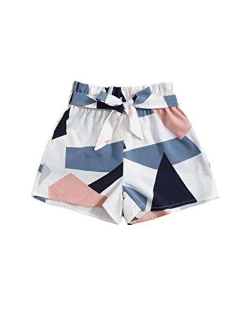 OYOANGLE Girl's Geo Print Paperbag Waist Belted Crop Wide Leg Shorts Summer Casual Shorts