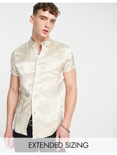 ASOS DESIGN regular satin jacquard shirt in stone