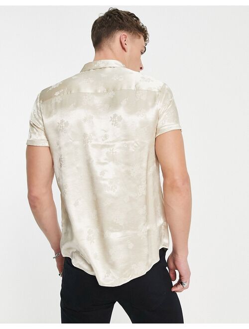 ASOS DESIGN regular satin jacquard shirt in stone