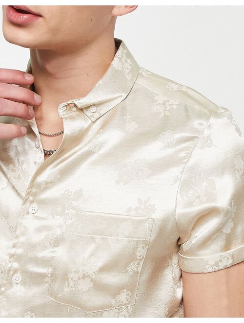 ASOS DESIGN regular satin jacquard shirt in stone