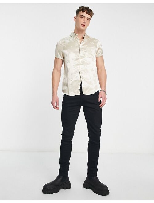 ASOS DESIGN regular satin jacquard shirt in stone