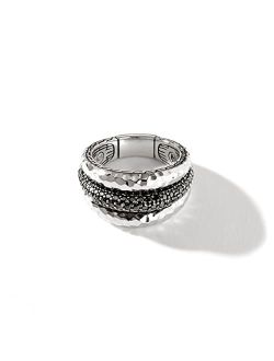 Classic Chain Hammered Silver Ring with Treated Black Sapphire and Black Spinel