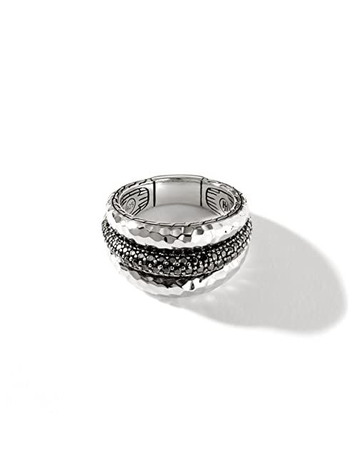 John Hardy Classic Chain Hammered Silver Ring with Treated Black Sapphire and Black Spinel