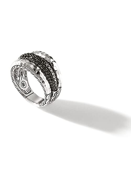 John Hardy Classic Chain Hammered Silver Ring with Treated Black Sapphire and Black Spinel