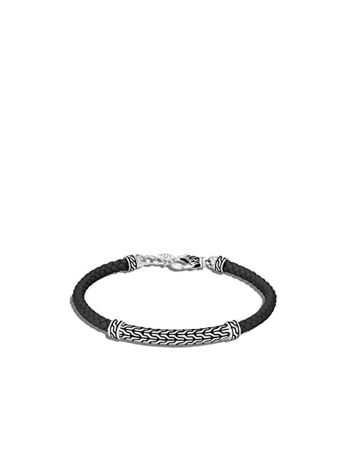 John Hardy Classic Chain Silver Station Bracelet on 4mm Black Woven Leather with Lobster Clasp