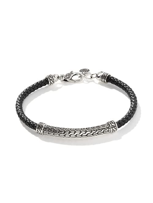 John Hardy Classic Chain Silver Station Bracelet on 4mm Black Woven Leather with Lobster Clasp