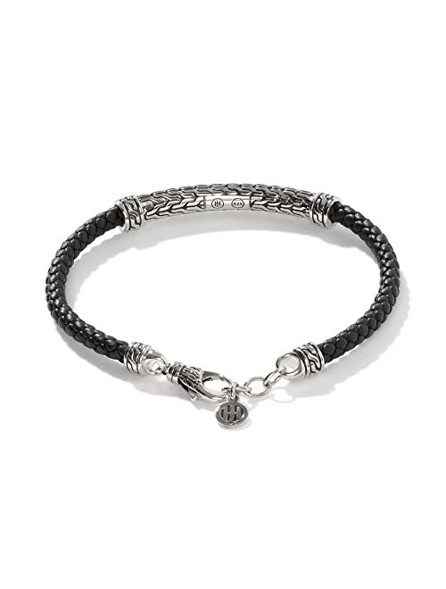 John Hardy Classic Chain Silver Station Bracelet on 4mm Black Woven Leather with Lobster Clasp