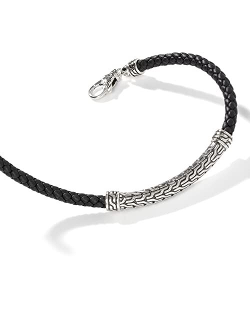 John Hardy Classic Chain Silver Station Bracelet on 4mm Black Woven Leather with Lobster Clasp