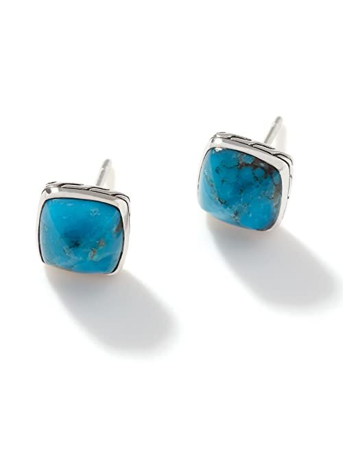 John Hardy Classic Chain Silver Cluster Sugarloaf 8mm Stud Earrings with 8x8mm Turquoise