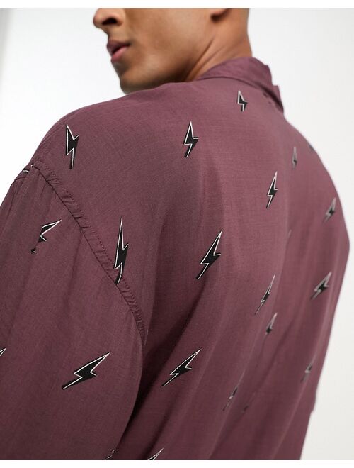 ADPT oversized revere collar short sleeve shirt with lightning print in burgundy