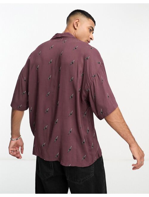 ADPT oversized revere collar short sleeve shirt with lightning print in burgundy