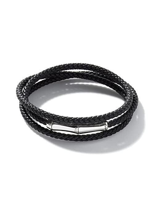 John Hardy Men's Bamboo Silver Black Leather Triple Wrap Bracelet with Magnetic Clasp