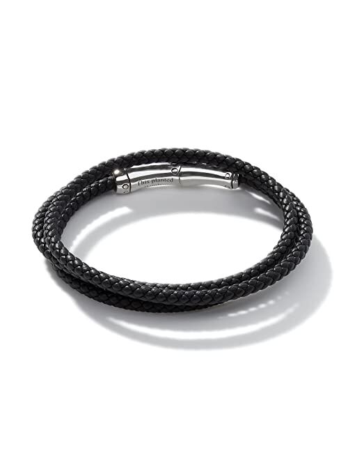 John Hardy Men's Bamboo Silver Black Leather Triple Wrap Bracelet with Magnetic Clasp