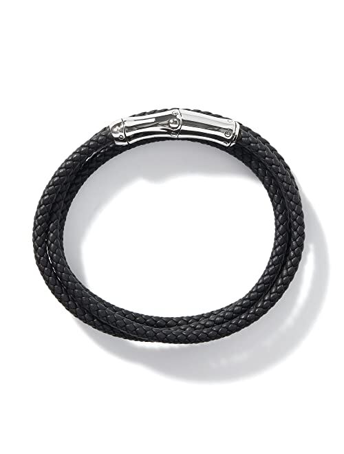 John Hardy Men's Bamboo Silver Black Leather Triple Wrap Bracelet with Magnetic Clasp