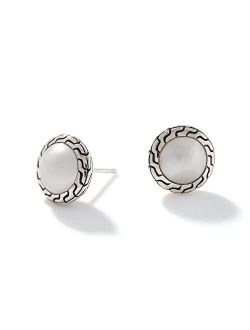 Classic Chain Silver Round 11.5mm Stud Earrings with 9.5-10mm Mabe Fresh Water Pearl